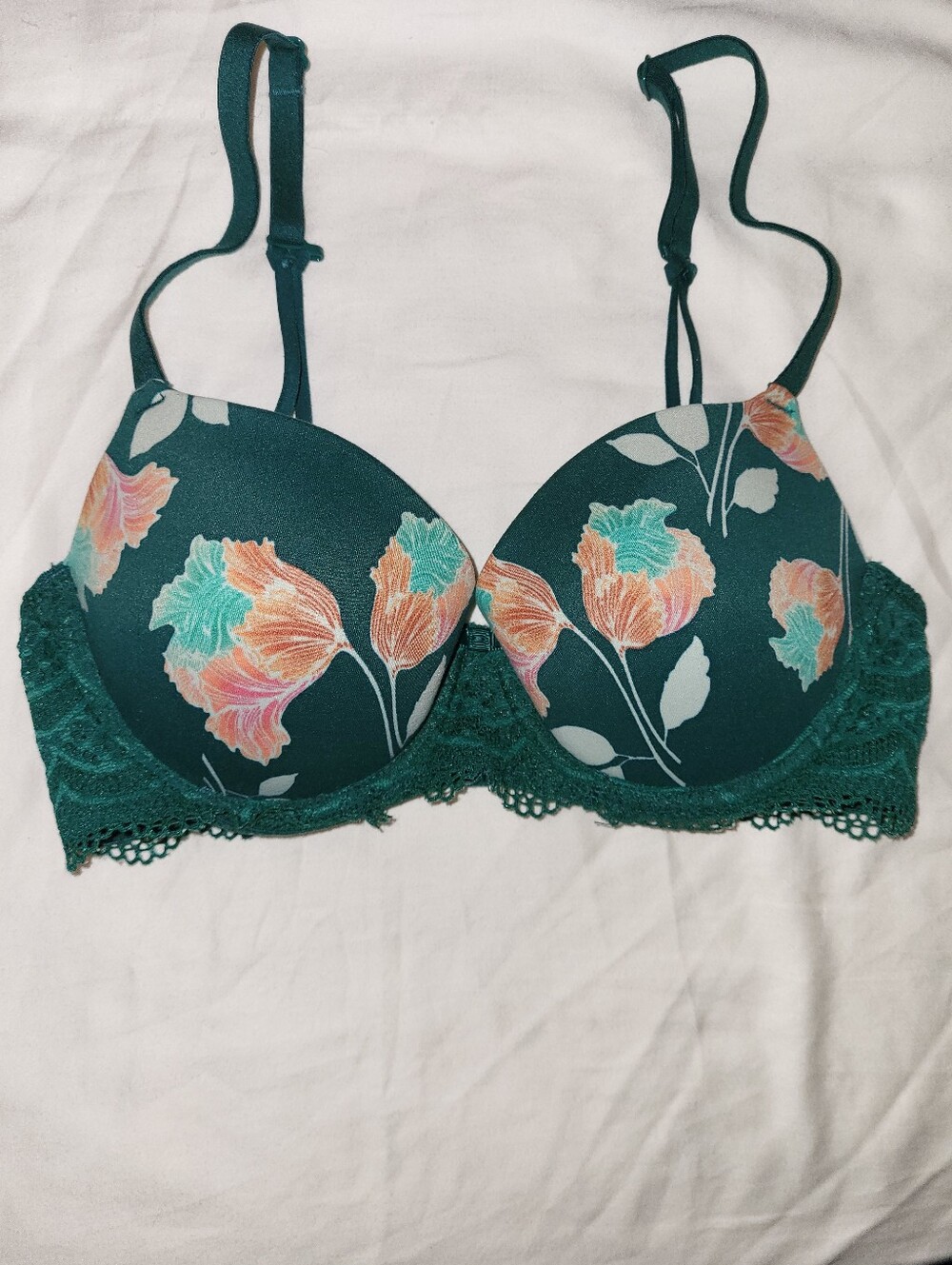 Auden The Daydream Floral Push-Up Bra in Deep Teal with Lace Trim NWOT, 32B